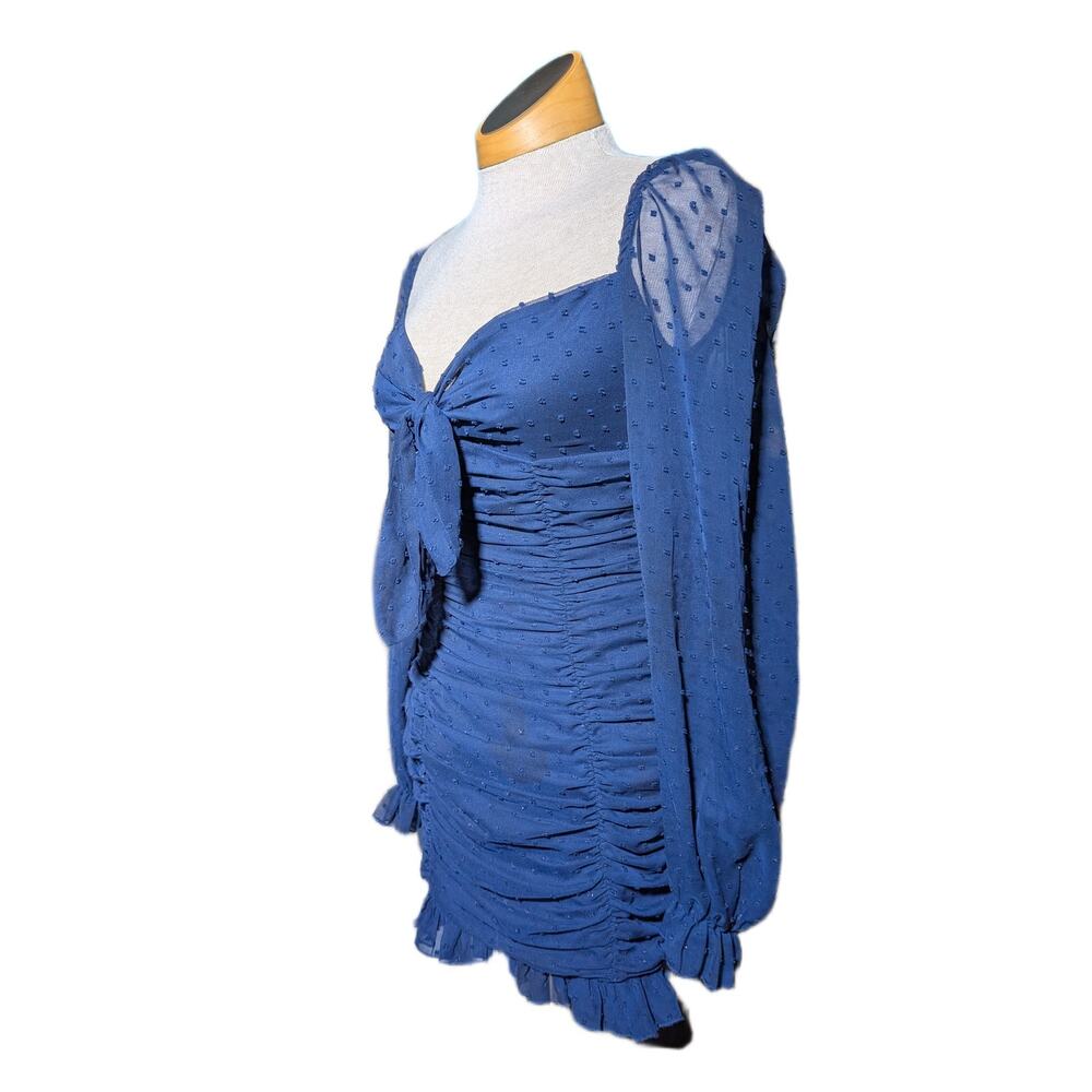 Lucy in the Sky Navy Blue Chiffon Swiss Dot Long Sleeve Ruched Mini Dress XS